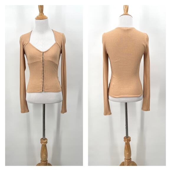 FAVORITE DAUGHTER Kate Ribbed Bustier Knit Top Womens S Tan V Neck Long Sleeve - Picture 2 of 14